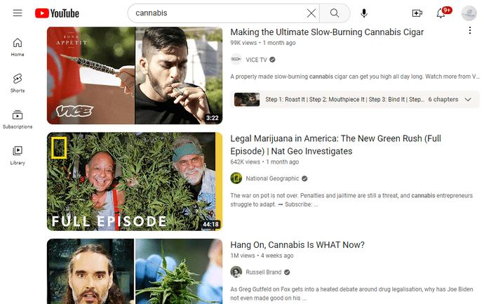 YouTube cannabis search results